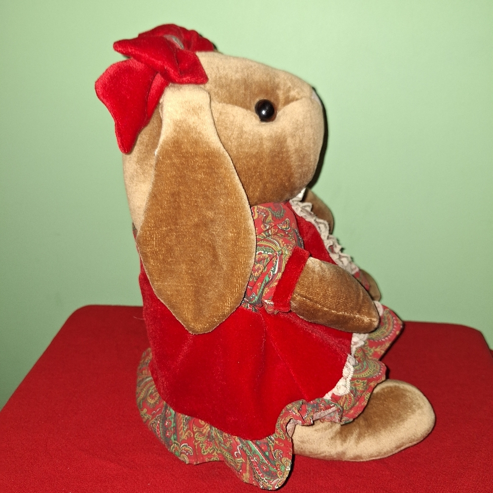 Christmas Rabbit Pair Velveteen Plush Vintage 1980's Boy & Girl 14" Toys R Us - Picture 9 of 16
